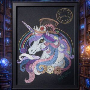 Steampunk Unicorn Original Colored Pencil on Black Paper 9X12